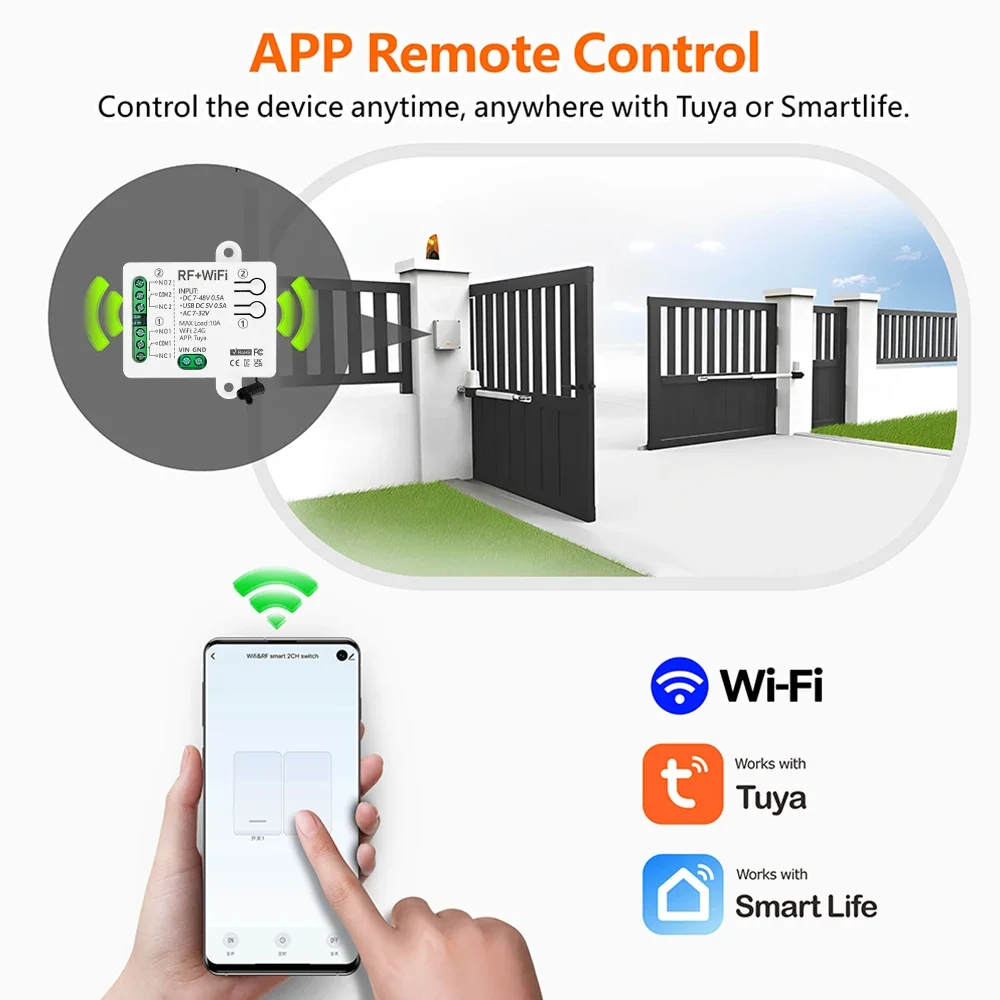 RF Wireless remote control switch TUYA WiFi smart home DC12V 24V 48V 2CH dry contact relay for Garage Light Surveillance camera
