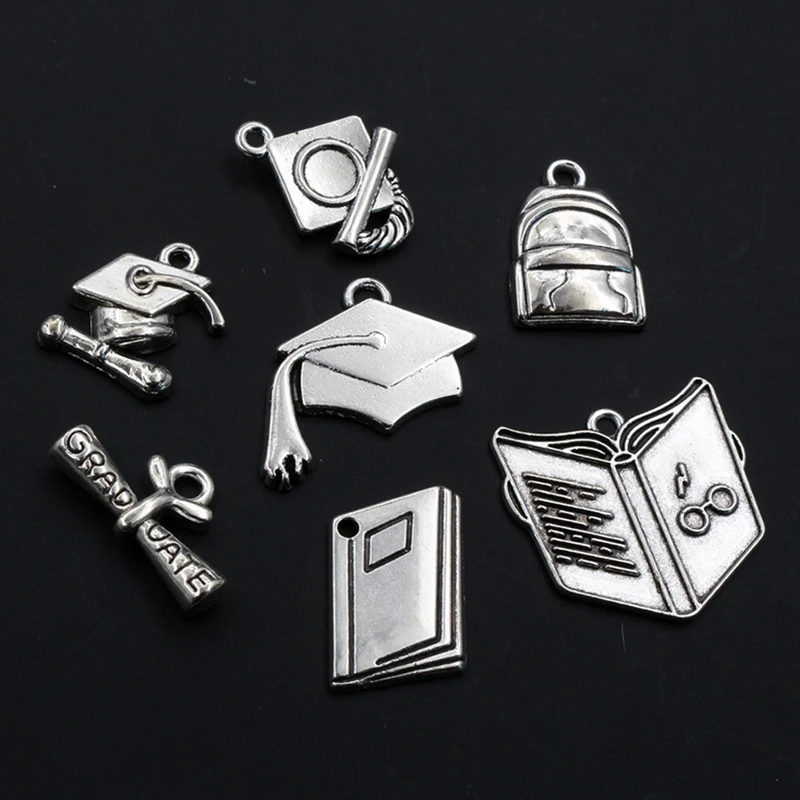20pcs Book Mortarboard Graduation Hat Charms Pendant Antique Silver Color Alloy Metal DIY Jewelry Making Accessories Findings