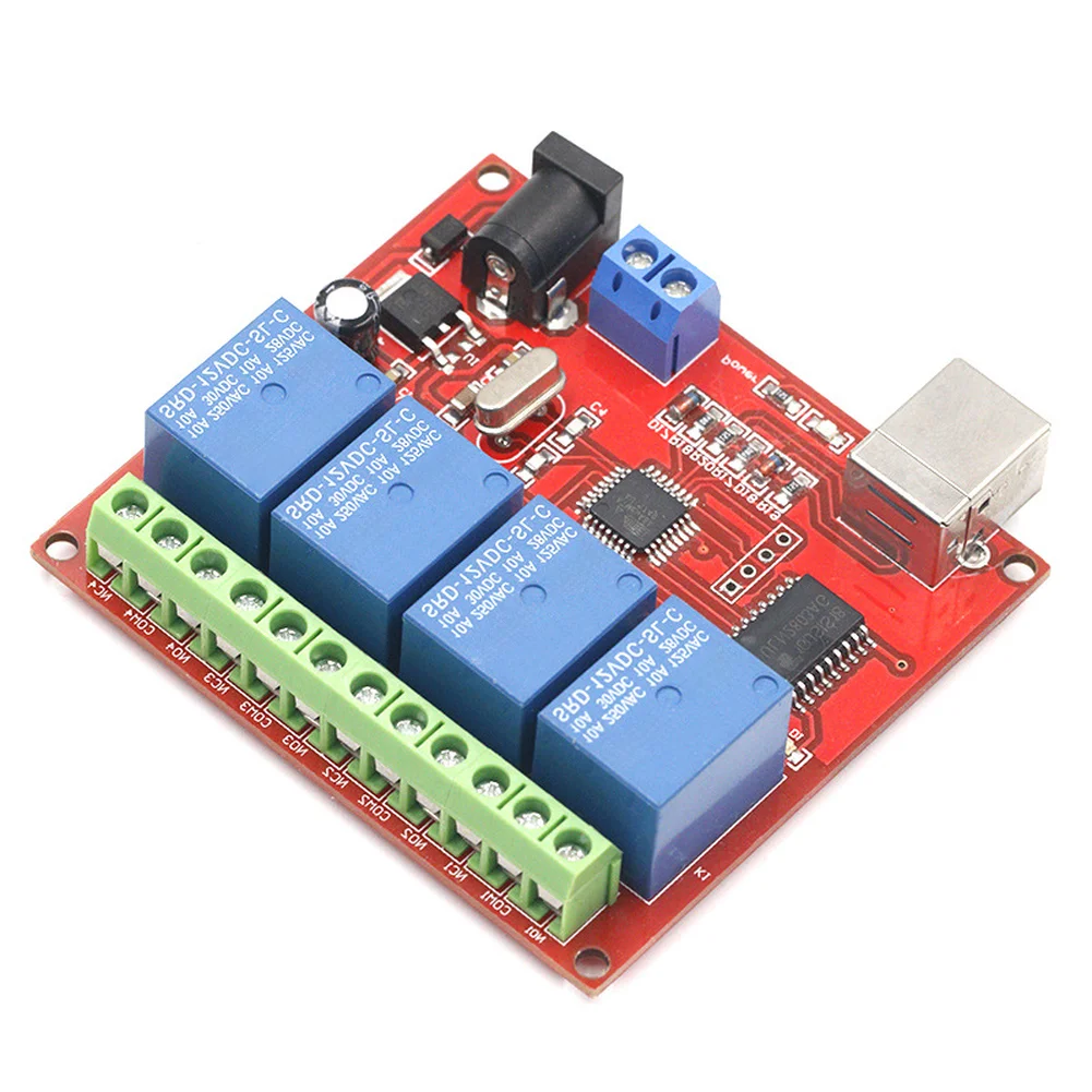 USB-Controlled 4 Channel Relay Device for Automation Systems 71.6mm x 65.3mm PCB Size ULN2803 Driver for Stable Output