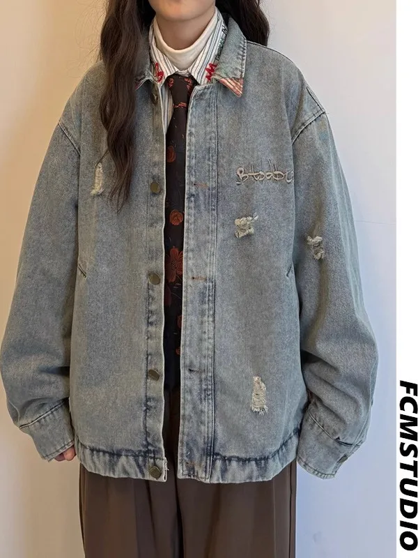 

Autumn New Women's Waed Vintage Denim irt Collar Plaid Cloth Patchwork Embroidered Jaet Hole Outerwear Casual Coat