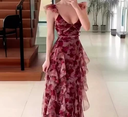 Women's Elegant Dress 2024 Spring/summer Latest Sexy Party Fashion Print U-Neck Flying Sleeves High Waist Ruffle A-Line Skirt