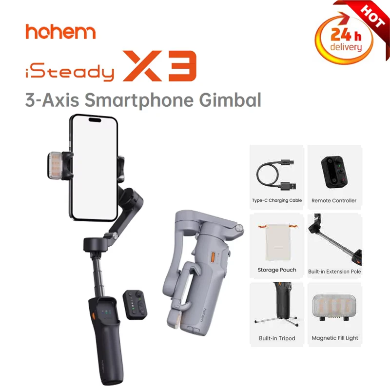 

Hohem iSteady X3 Smartphone Stabilizer AI Tracking 3-Axis Phone Gimbal Built-in Selfie Stick &Magnetic Fill Light for Smartphone