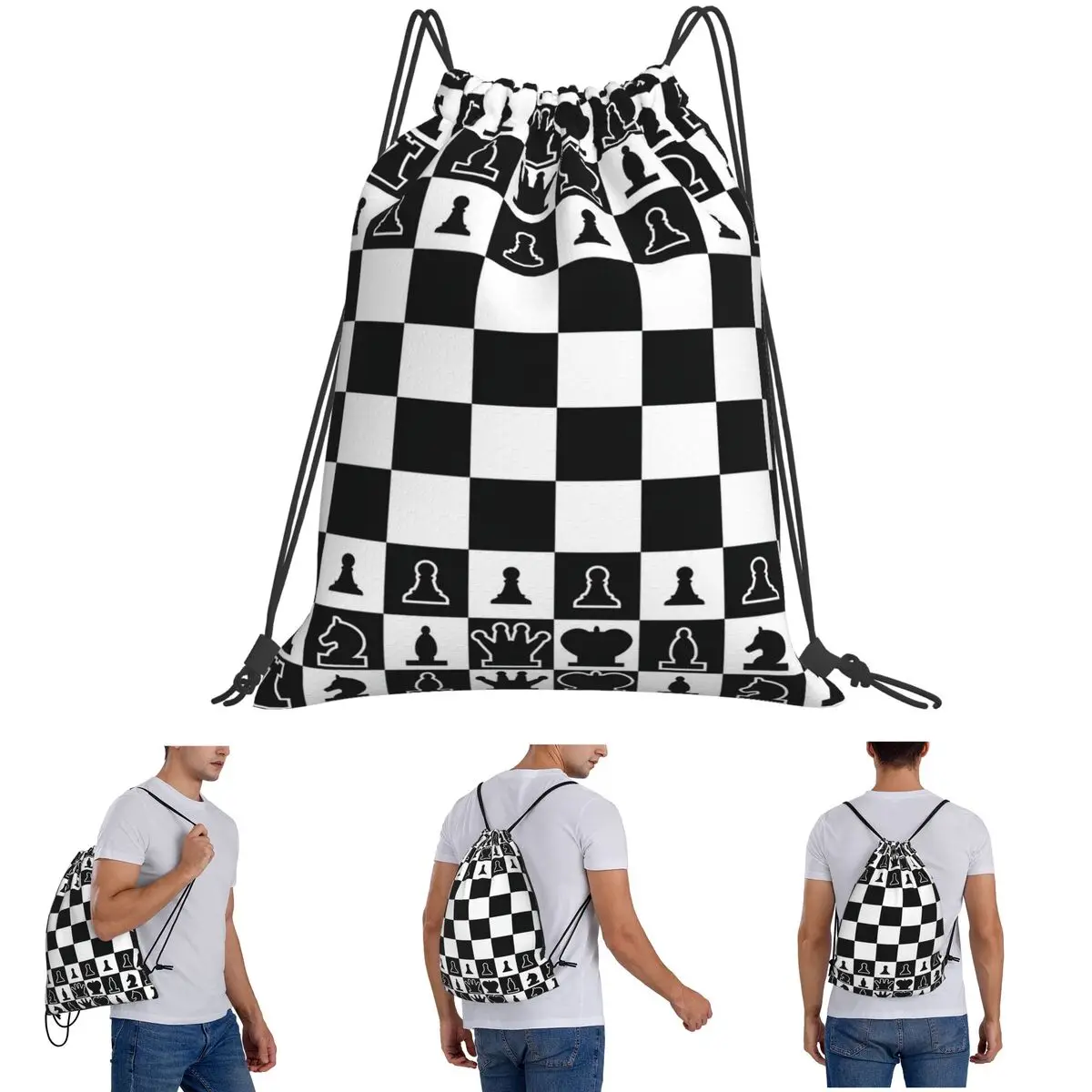 Chess Board Black And White Grid Checkered Backpacks Multi-function Drawstring Bags Sports Bag Book Bags for Man Woman School