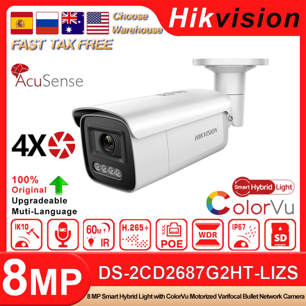 Hikvision Original DS-2CD2687G2HT-LIZS 8MP POE Smart Hybrid Light with ColorVu 4X ZOOM Motorized Varifocal Bullet Network Camera