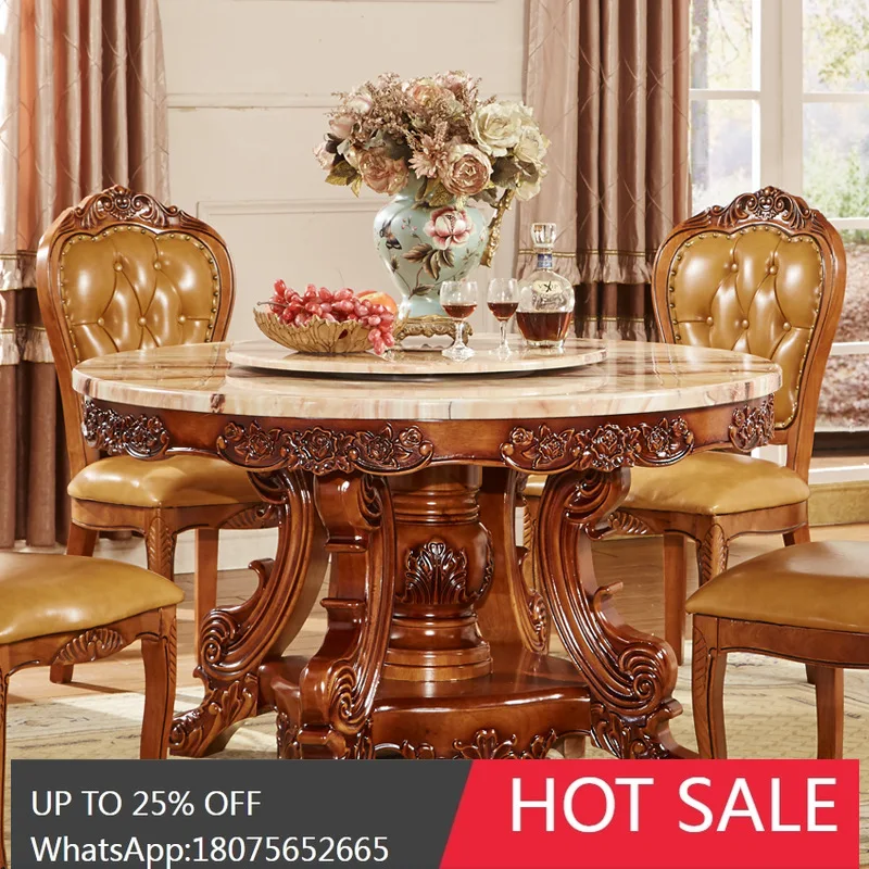 

SGF European Style Dining Table Solid Wood Marble Dining Table and Chair Set with Turntable