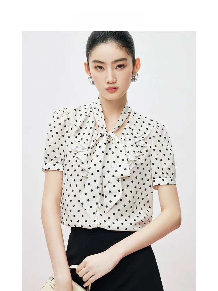 

MandyZhang Summer Polka Dot Bubble Sleeve Shirt Women's French Style Straight Cut Knot Lace White Heart Blouse