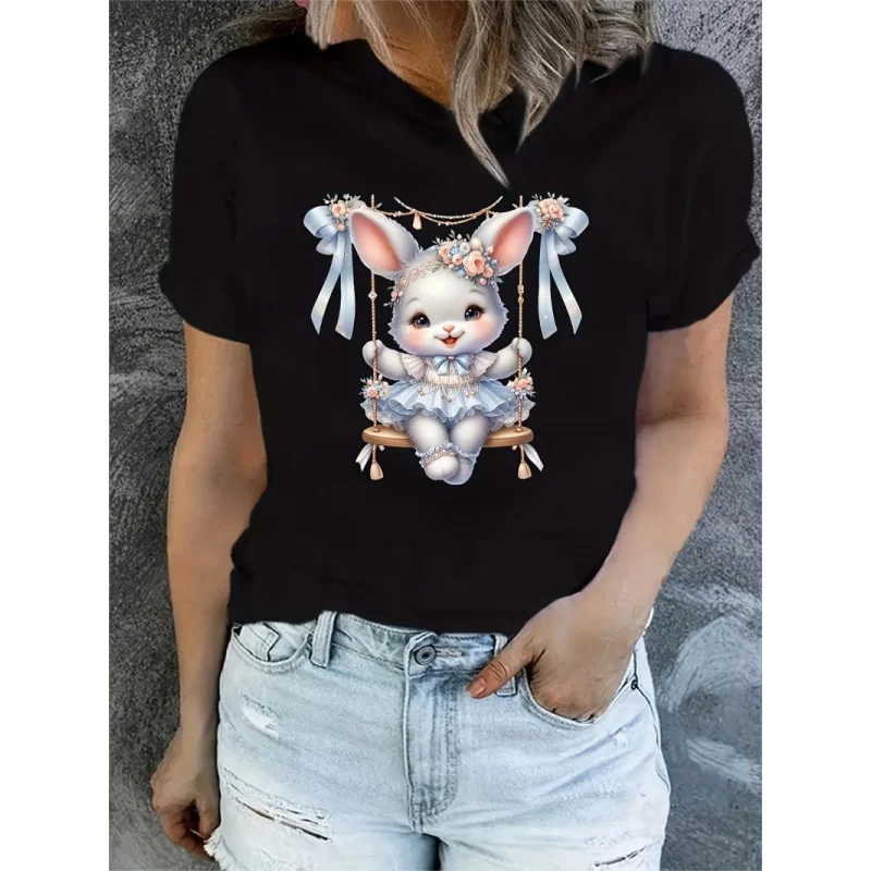 Europejski i amerykański transgraniczny design, niszowy nadruk, letnia, luźna, uniwersalna koszulka damska w nowym stylu.