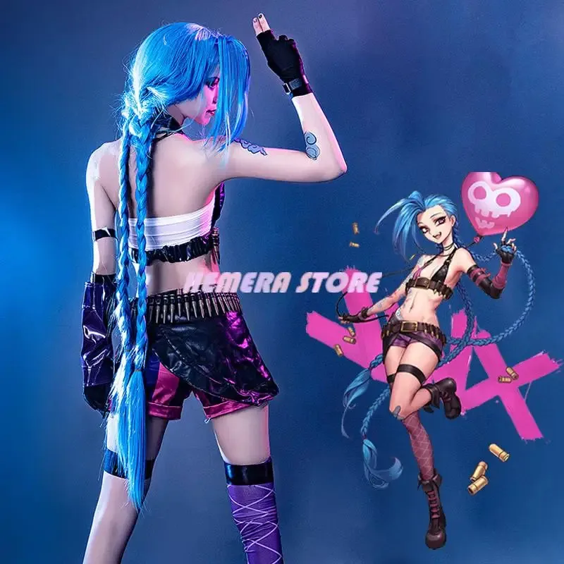 2023 Jinx LOL جامعة أساطير أنيمي جديد أنيمي ازياء للنساء جامعة أسطورة تأثيري Jinx زي مع شعر مستعار XS-3XL