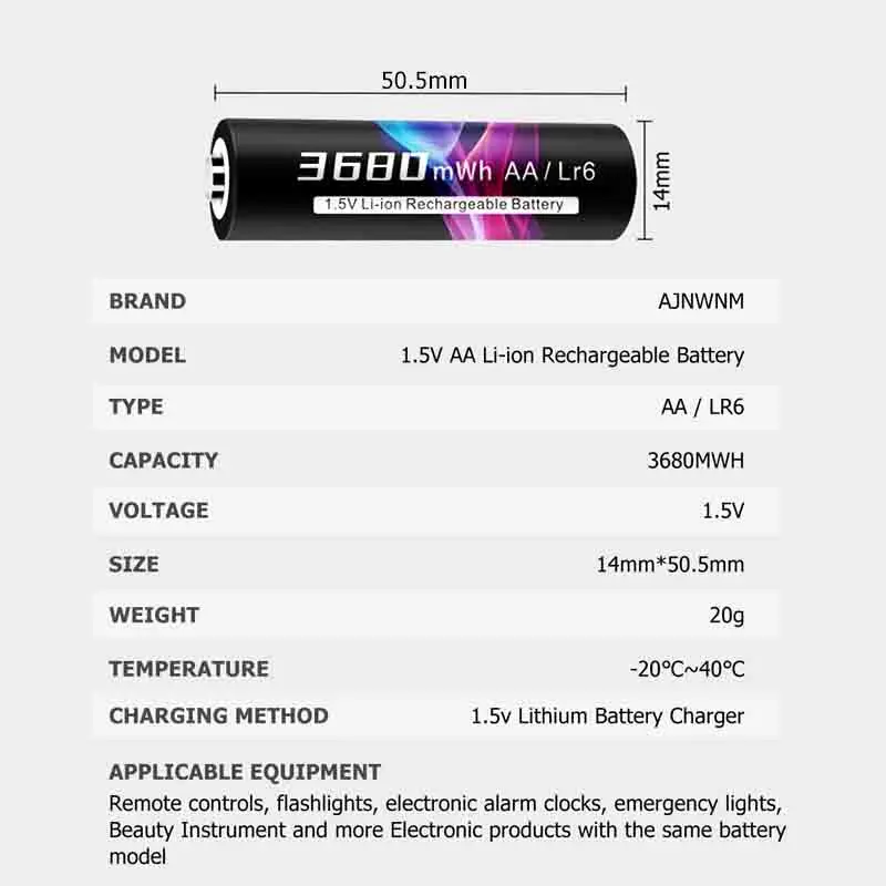 Akumulatory litowe AAA R6 z 8 gniazdami, inteligentna ładowarka LCD, 3680mWh, 1.5V, li-ion, o dużej pojemności