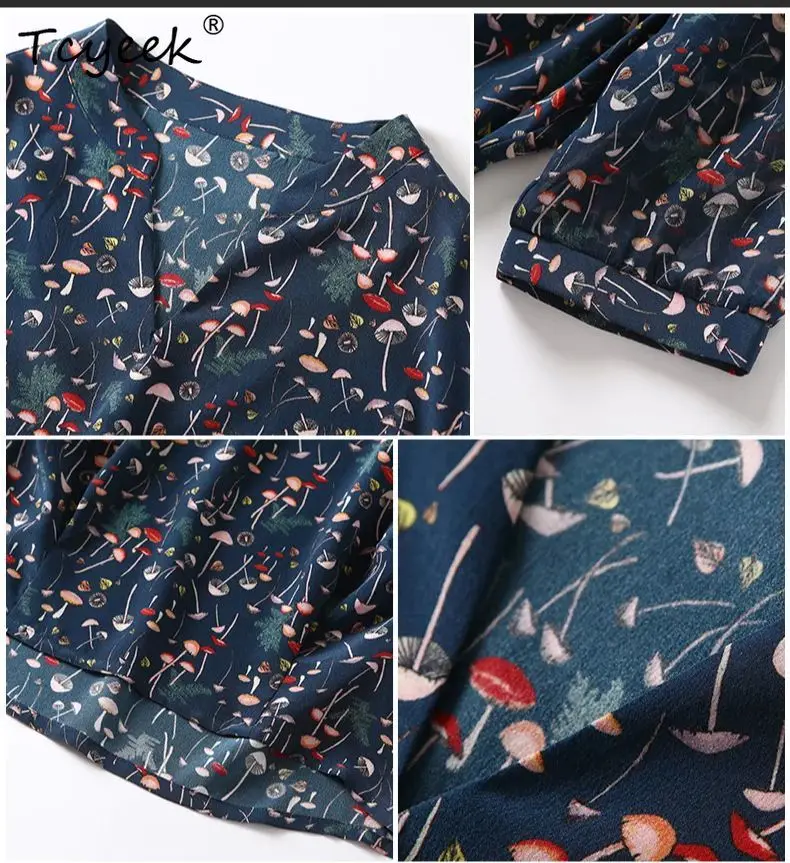 تي شيرت Tcyeek 100% من الحرير الحقيقي للنساء، طباعة نصف كم برقبة على شكل حرف V، بلوزات OL أنيقة على الموضة، بلوزات ربيع 2024 T42232QM #5