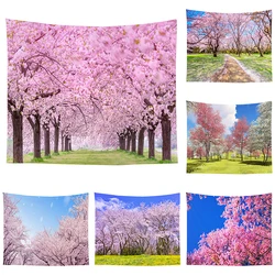 Pink cherry blossom forest trees landscape tapestry wall hanging room aesthetic decoration living room wall home decoration