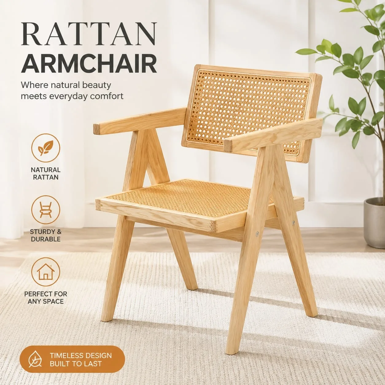 Scandinavian Dining Chair with Solid Oak Frame and Hand-Woven Cane Seat — Ergonomic Kitchen & Dining Room Armchair