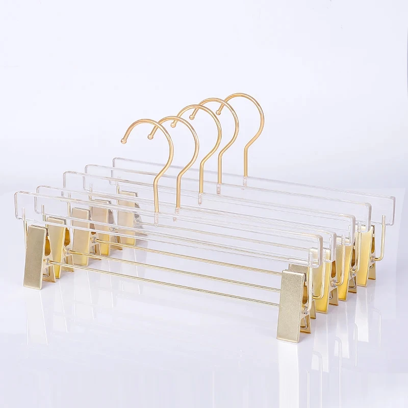 High-quality 5/10pcs Acrylic Hanger Transparent Pants Hanger Closet Organizer Clothes Trouser Rack with Clip Wardrobe Storage