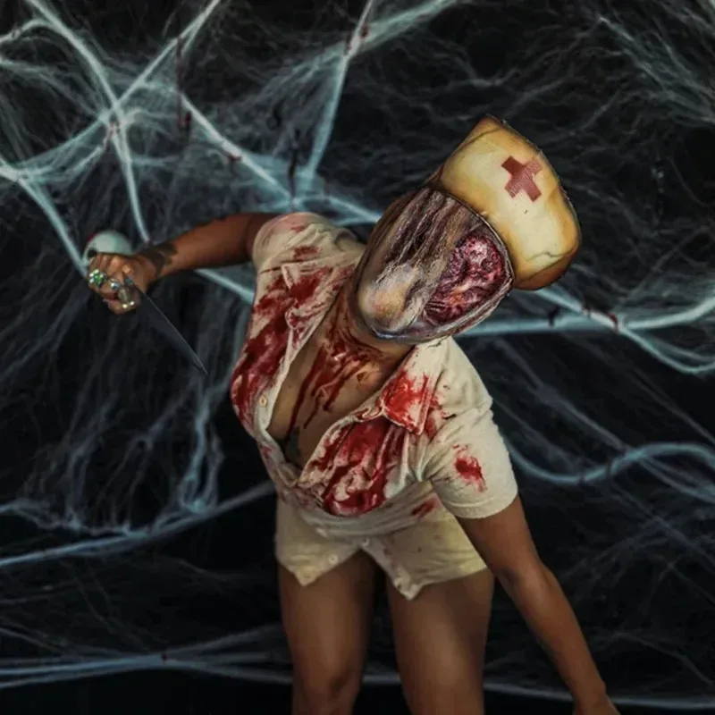 لعبة زرقاء، هيل صامت، ممرضة مجهولة الهوية، قناع لاتكس مرعب ودموي. مناسبة لحفلات معرض الرسوم المتحركة للهالوين.a;k6;8