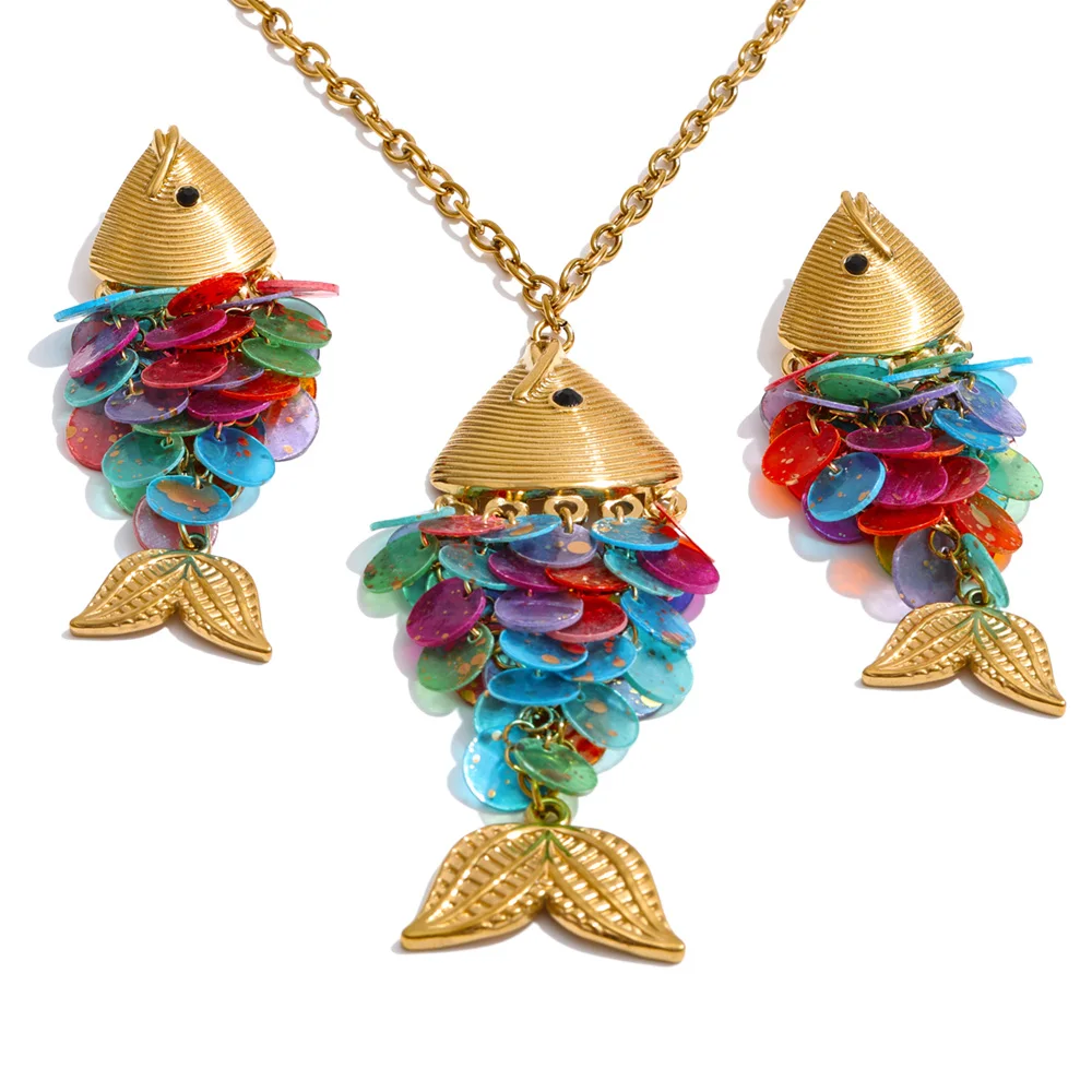 Yhpup Ocean Style Colorful Shell Fish Drop Necklace Earrings Set Stainless Steel Exclusive Handmade Gold Color Jewelry image 3