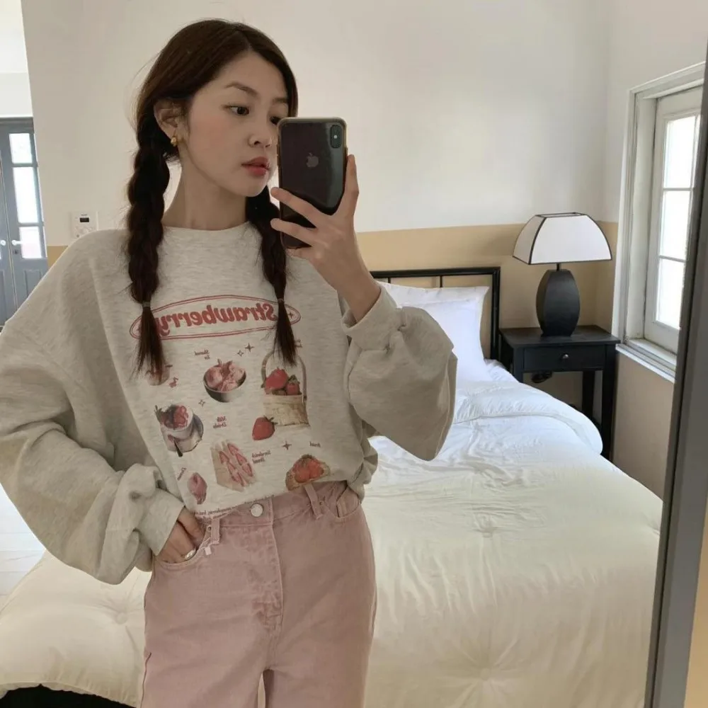 

Selfwill Micoat2 Korean Sle Casual Anti-Aging Dongdaemun Autumn Sweet Pie Print Sweatirt Straight Leg Jeans Women's Fai...