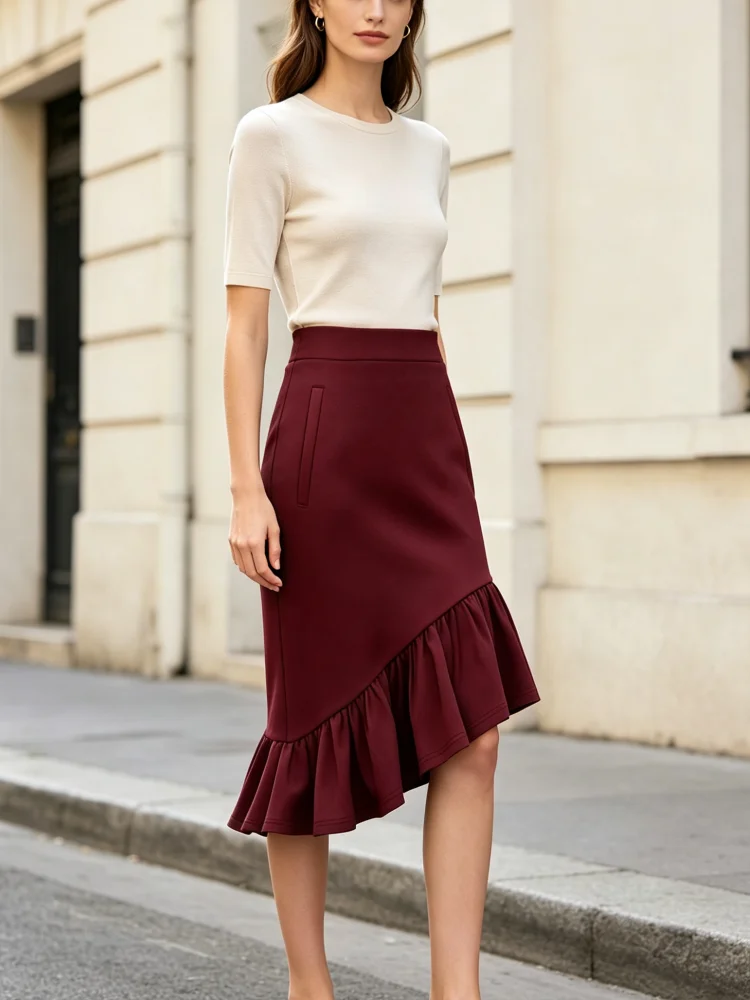 Midi Skirt Women Pencil High Waist Irregular Ruffle Hem Skirt With Side Pockets Solid Elegant Work Business Daily Wear