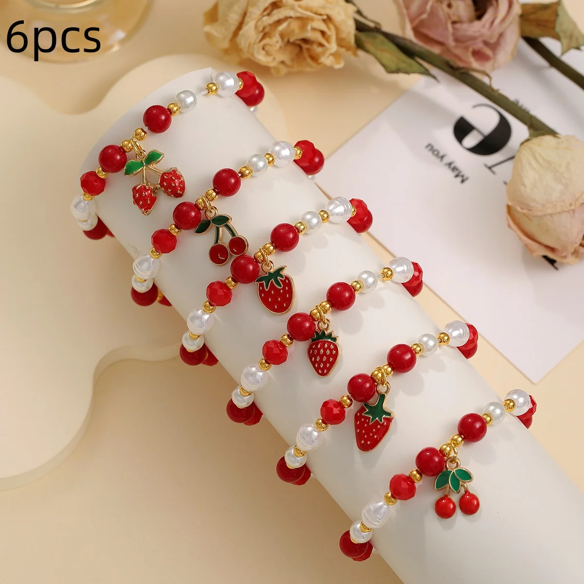 6 قطعة/المجموعة الفراولة الكرز سحر سوار مجموعة للنساء الفتيات الخرز مطاطا قابل للتعديل سوار مجوهرات هدايا
