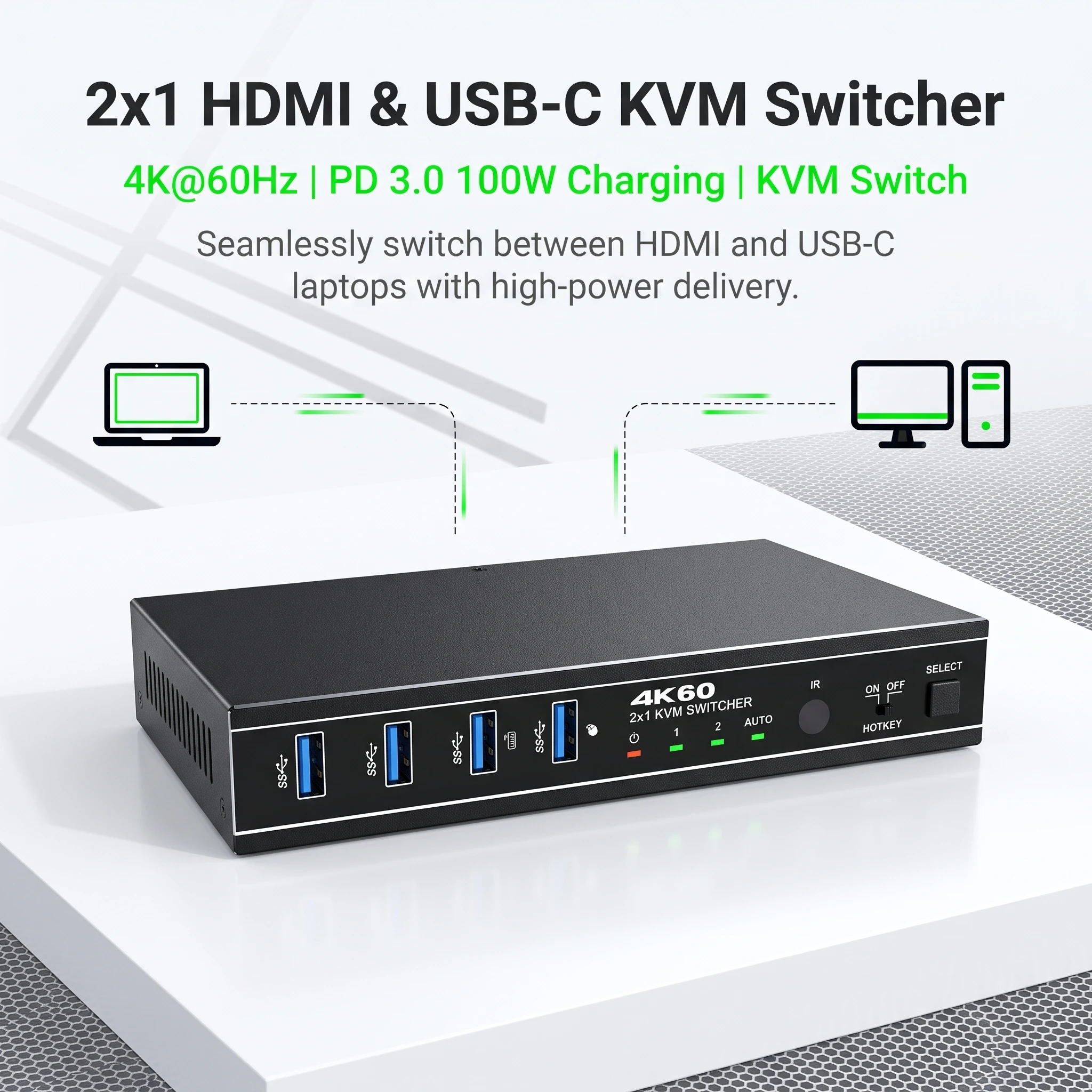2X1 HDMI USB‑C KVM Switcher 4K@60Hz HDR PD3.0 100W Charge 5Gbps USB3.2 Gen1 Hotkey IR RS‑232 Control EDID Emulator Metal Housing