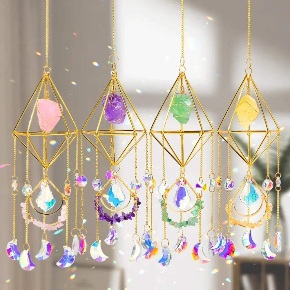 Natural Raw Stone Crystal Sun Catcher Garden Decoration Hanging Jewellery Crystal Wind Chime Gift Colorful Dream Catcher Garden