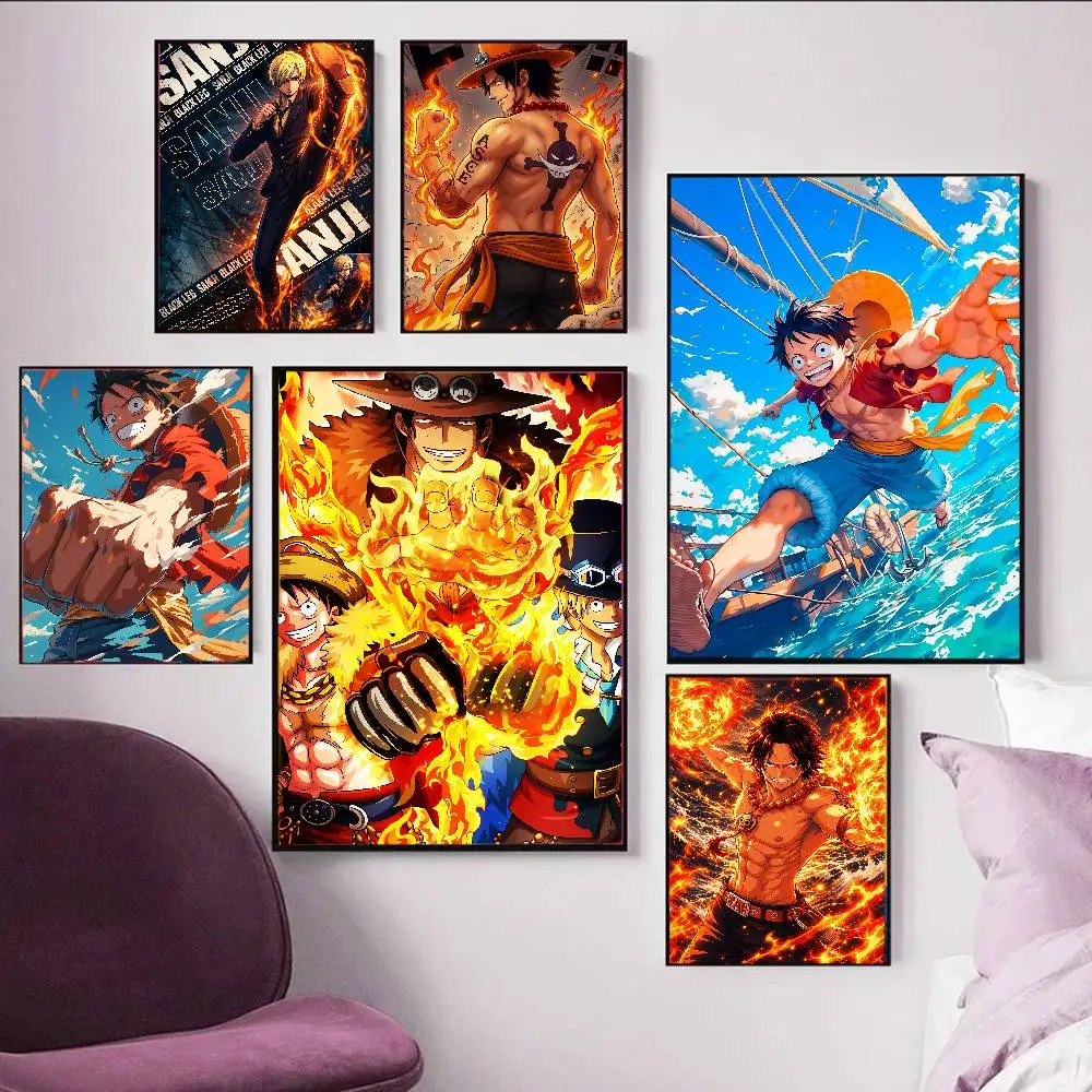 Póster de anime de One Piece, arte de pared en lienzo HD de la tripulación del sombrero de paja, impresión impermeable para decoración del dormitorio y la sala de estar