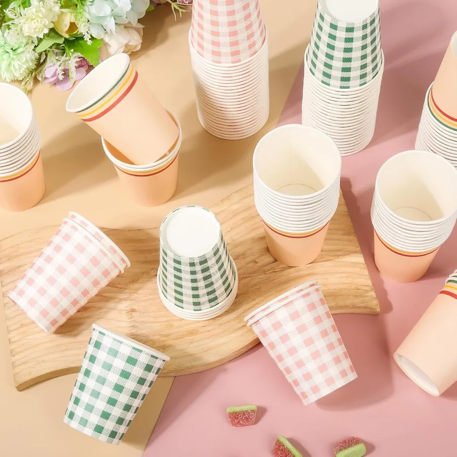 120 قطعة 9 أوقية القماش القطني كامب العازبة أكواب الشرب الورقية أكواب نزهة خضراء الوردي عشاء حفلة إعداد أكواب متقلب المتاح #2