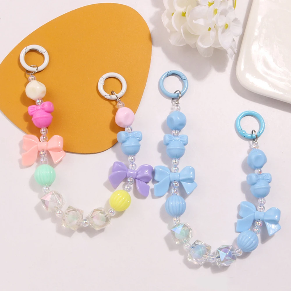 Colorful Bowknot Bead Phone Strap Charm Chain Knot Cellphone Lanyard Keychain Girl Bag Camera Pendant for Airpods Case