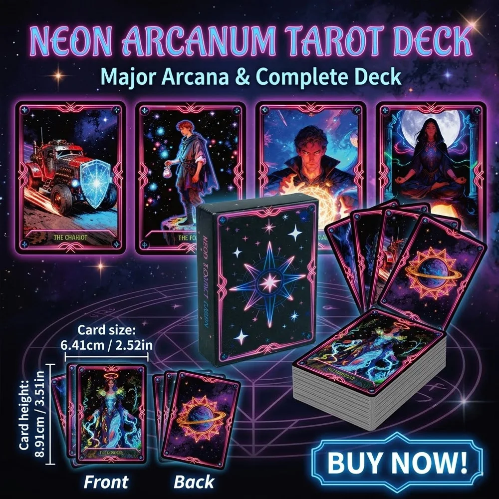 

50 Neon Space Tarot Cards (89x64 mm), cyberpunk-style fortune-telling deck, perfect for game nights, parties, and family fun