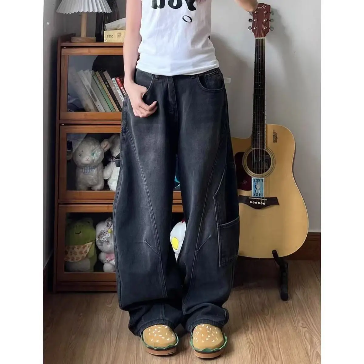 American Sweet Cool Curved Knife Jeans Women Loose High Waist Letter Printed Design Versatile Slim Wide Leg Floor Pants