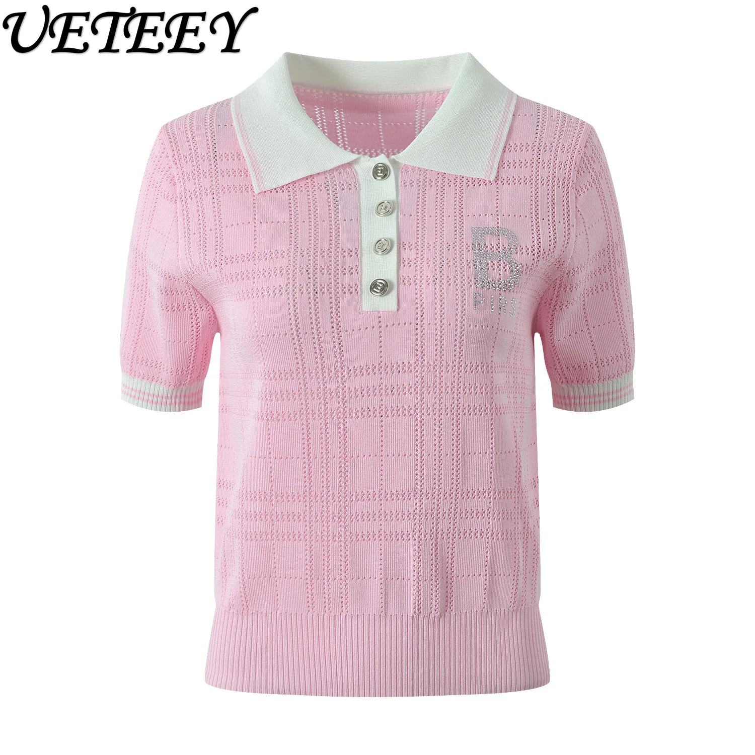 

2025 Summer New Polo Collar Short-sleeve T-shirt Top Sweet Pink White Hot Diamond Fashion Casual Knitted T Shirts Women Tops
