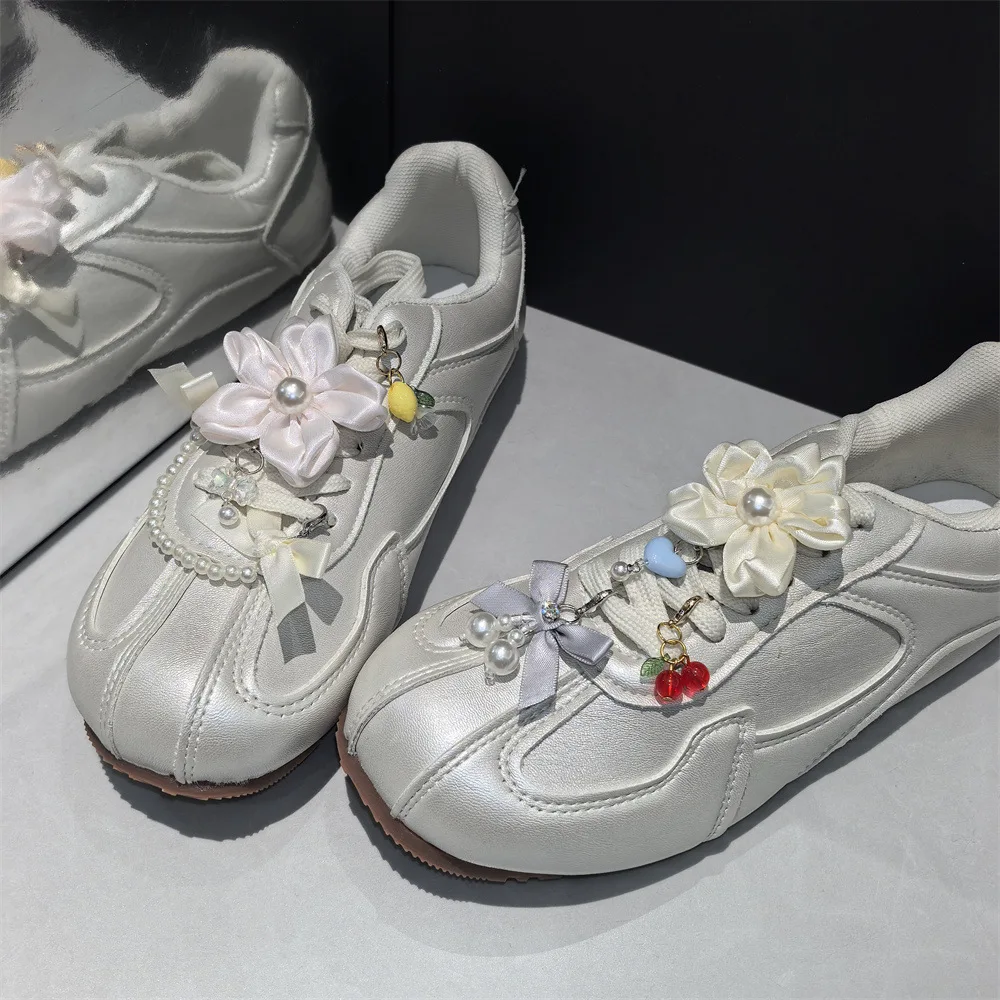 Shoe Charms Spring New Cherry Blossom Fabric Flower Beaded Faux Pearl Bow Chain Heart Decoration Lightweight Small Pink Women
