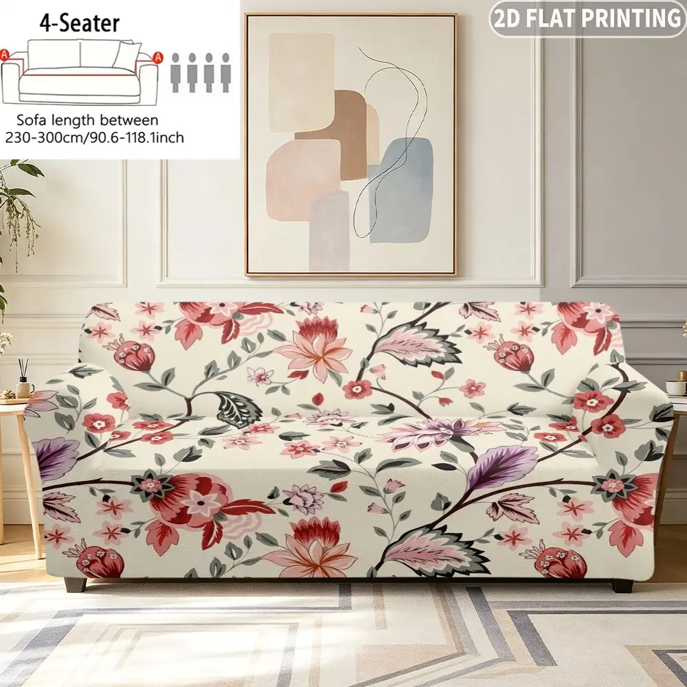 1pc Elastic Sofa Cover Floral With Red Pink Flowers And Green Leaves Print, Ideal for  Single/ Double/ Three / Four-Person Sofa