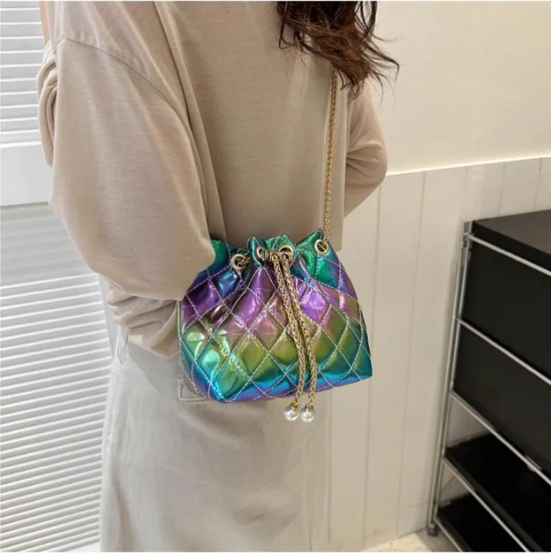 Women's Chain Colorful Bucket Bags Summer New Rhombus Shoulder Bags Ladies Messenger Bags Versatile Ladies Beam Bags