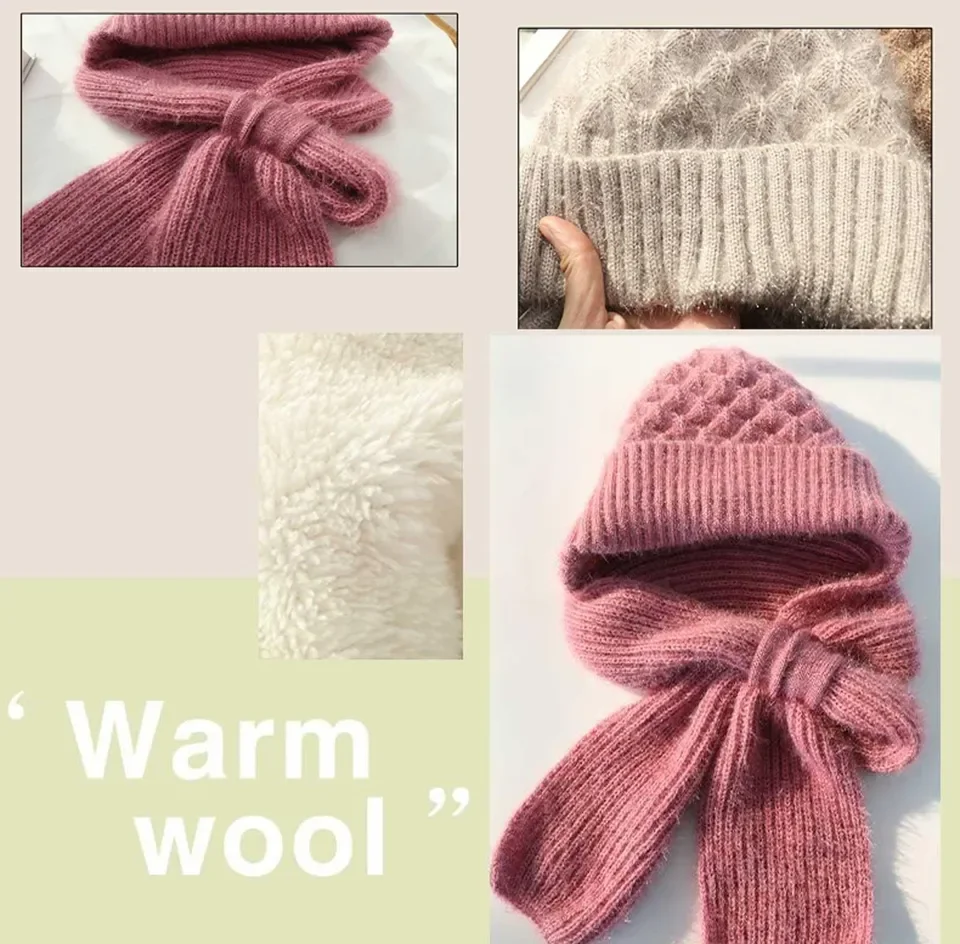 Set topi beanie rajutan wol wanita, hangat, tahan angin, penutup telinga, syal untuk bersepeda, topi salju, topi tebal, dan syal