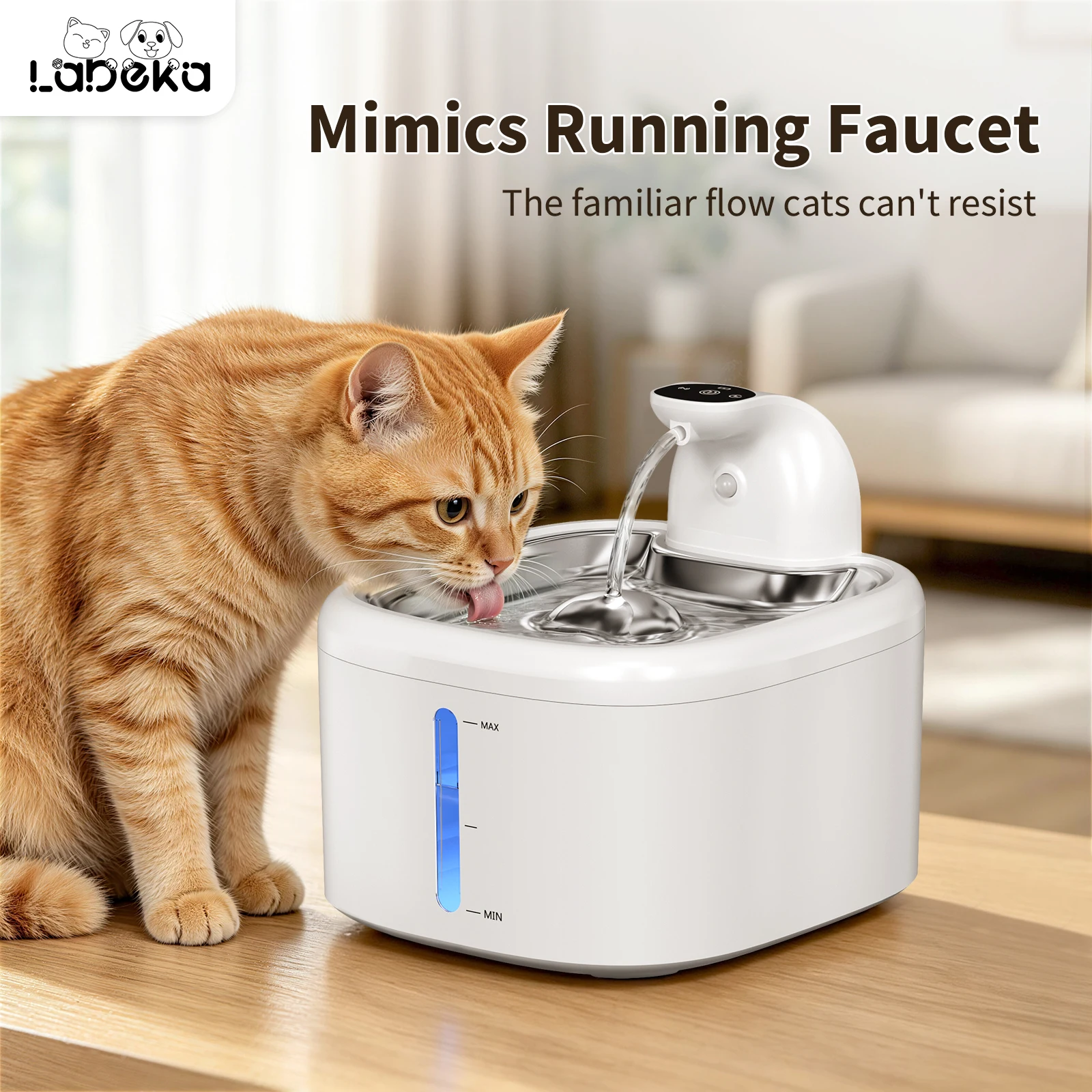 Fonte de Água para Gatos de 3,5L, Dispensador de Água Sem Fio para Animais de Estimação com Bandeja de Aço Inoxidável, Bateria de 4000mAh, Dispensação de Água com Sensor de Movimento