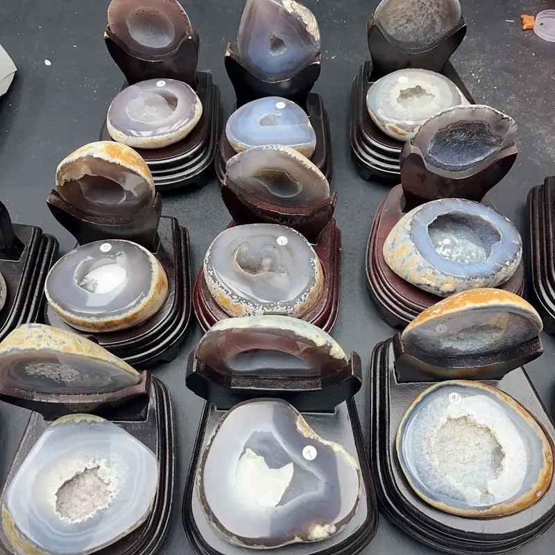 1PC Natural Agate Cornucopia Geode Bowl with Wooden Base Druzy Crystal Cave Healing Stone Feng Shui Home Desktop Decor Gift