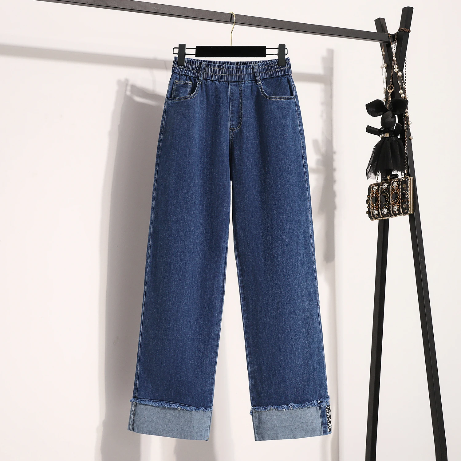 Jeans a gamba larga a vita alta taglie forti Vestibilità ampia Dimagrante Elastico Lunghezza pavimento Pantaloni lunghi blu Faionable Denim da donna