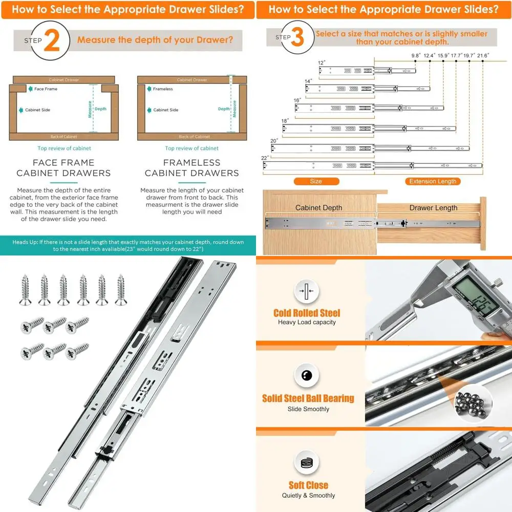 

18 Inch Heavy-Duty Cabinet Drawer Slides - Ball Bearing Full Extension, 200 LB Capacity, Cold-Rolled Steel, Rust-Resistant & Dur