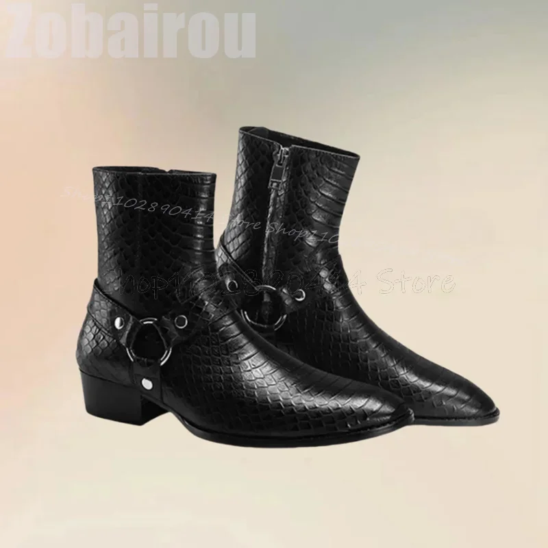 

Black Alligator Print Belt Fastener Decor Boots Fashion Side Zipper Men Boots Luxury Handmade Party Feast Office Men Dress Shoes
