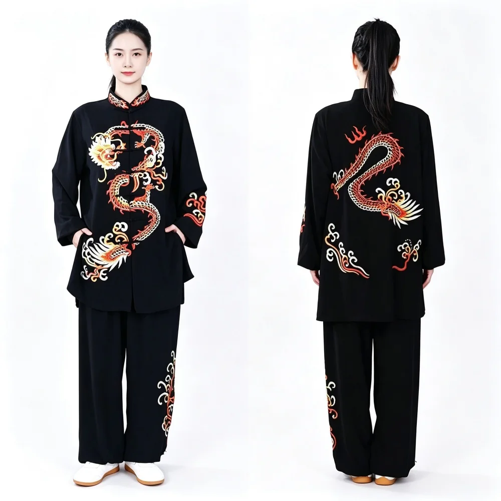 Unisex Tai Chi Uniform Pearl Elastic Cotton Dragon Embroidery Kung Fu Suit Long Sleeve Wushu Training Competition Outfit