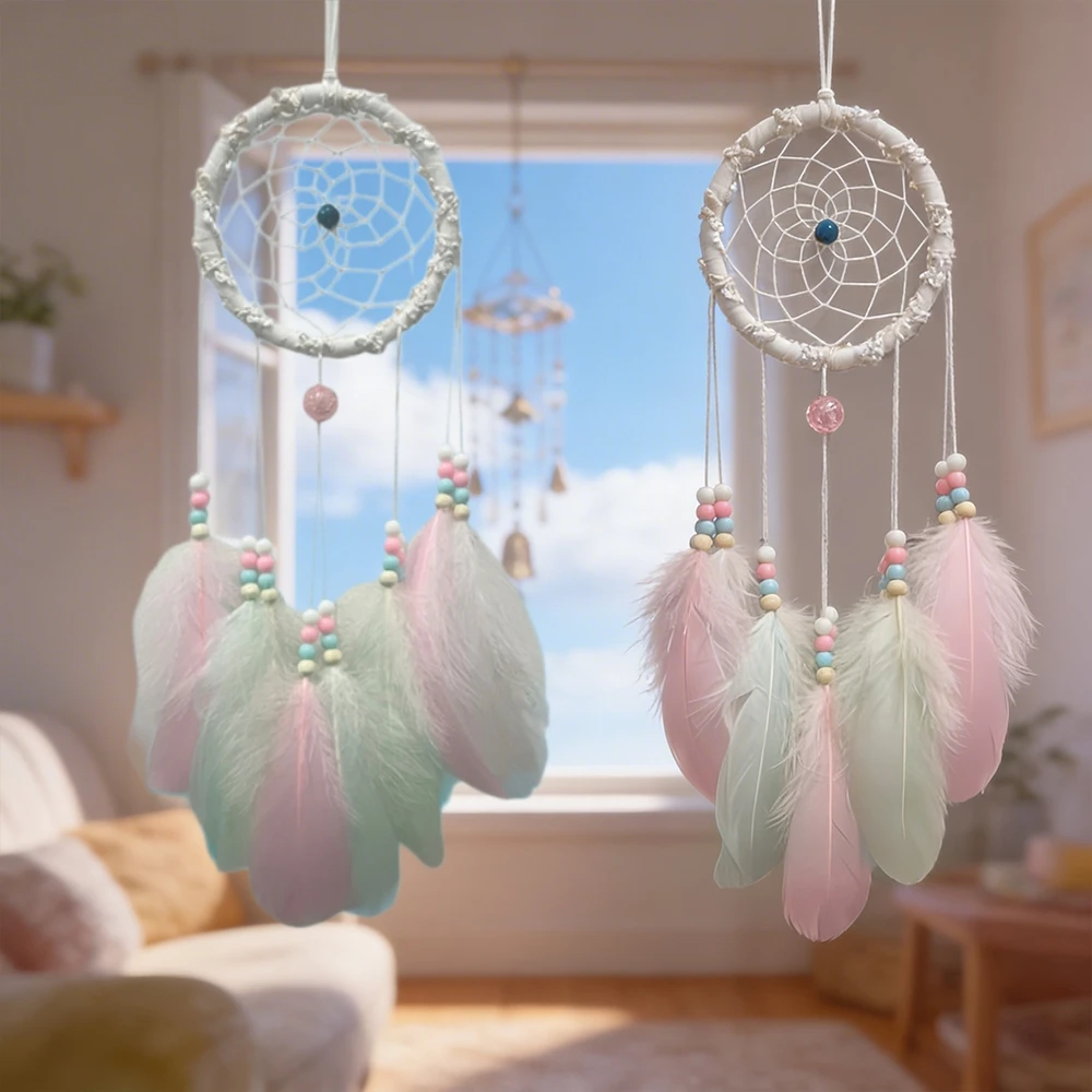 2Pcs Boho Dream Catcher Set Handmade Feather Bead Wall Hanging Ornament Macaron Decor for Girls Bedroom Nursery Birthday Gift