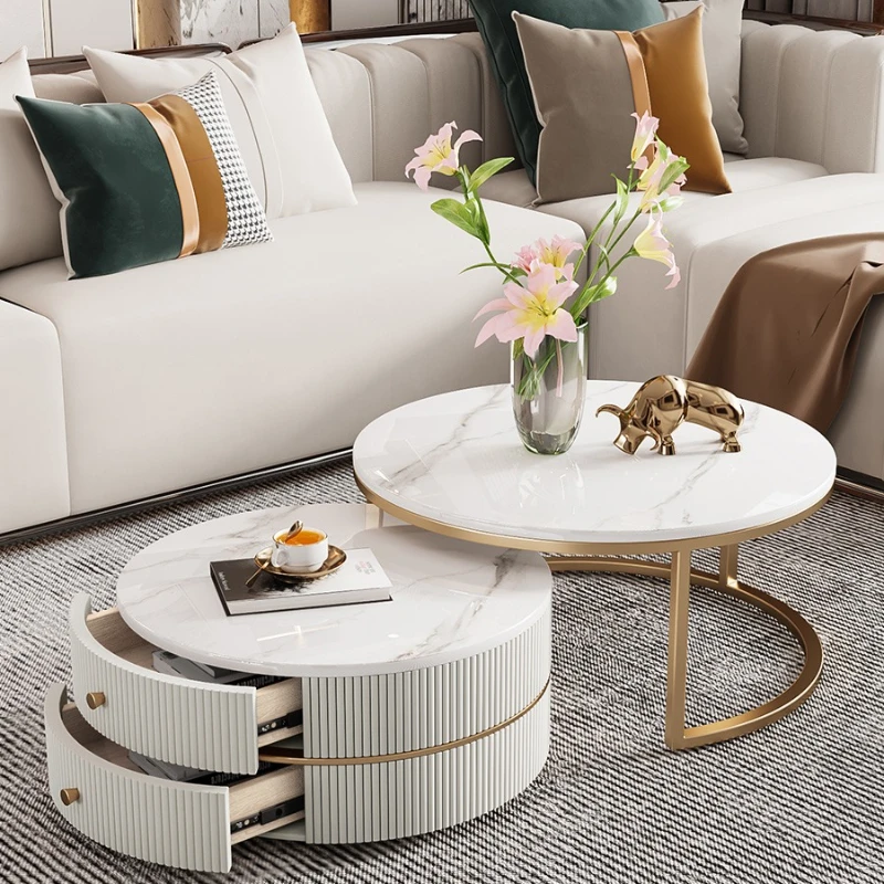 

Rock slab round coffee table living room household small apartment light luxury high sense modern simple new cream