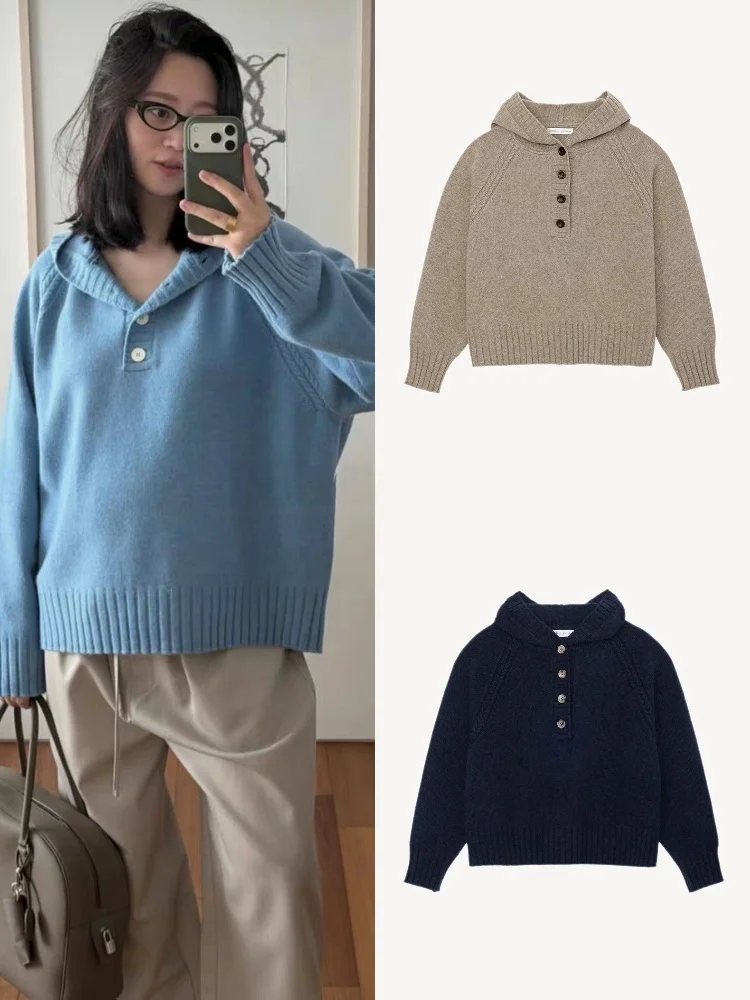 Felpa con cappuccio lavorata a maglia ampia da donna Design semplice con bottoni Sle Top sopra la testa Dongdaemun Colletto Henry Faion coreano