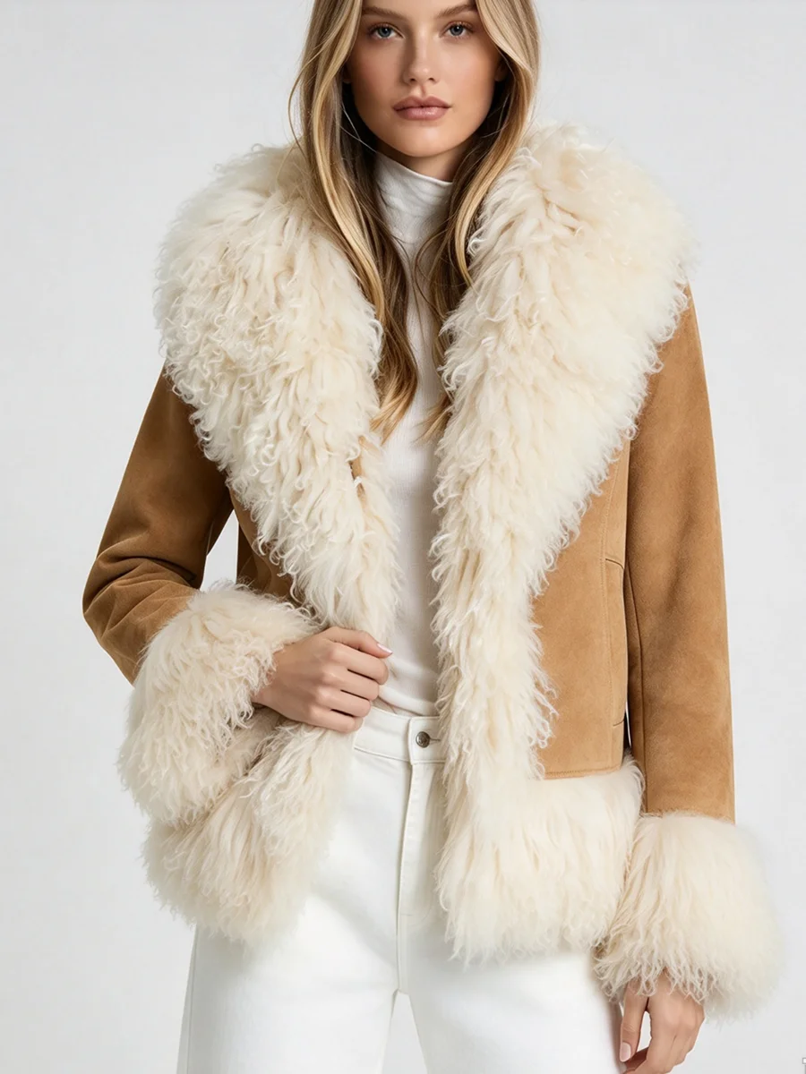 LIMO 2026 New Ladies Short Faux Suede Coat Curly Faux Fur Trim Warm Winter Outerwear