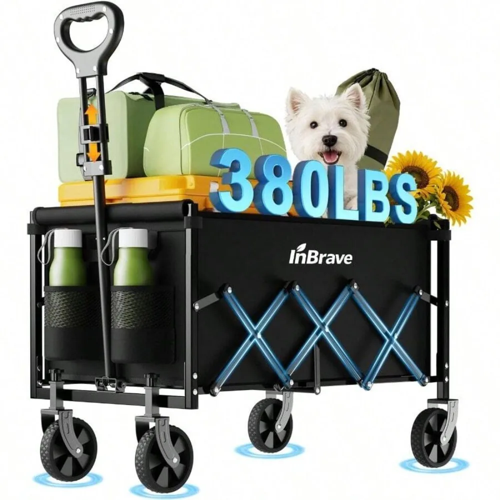 Collapsible Wagon Cart Foldable Beach Wagon with All Terrain Wheels 380 LBS Heavy Duty Folding Utility Cart for Shopping Groceries Camping Sports Garden Yard Outdoor Gear Storage Picnic Festival Travel Fishing Hauling Black Portable Compact Design