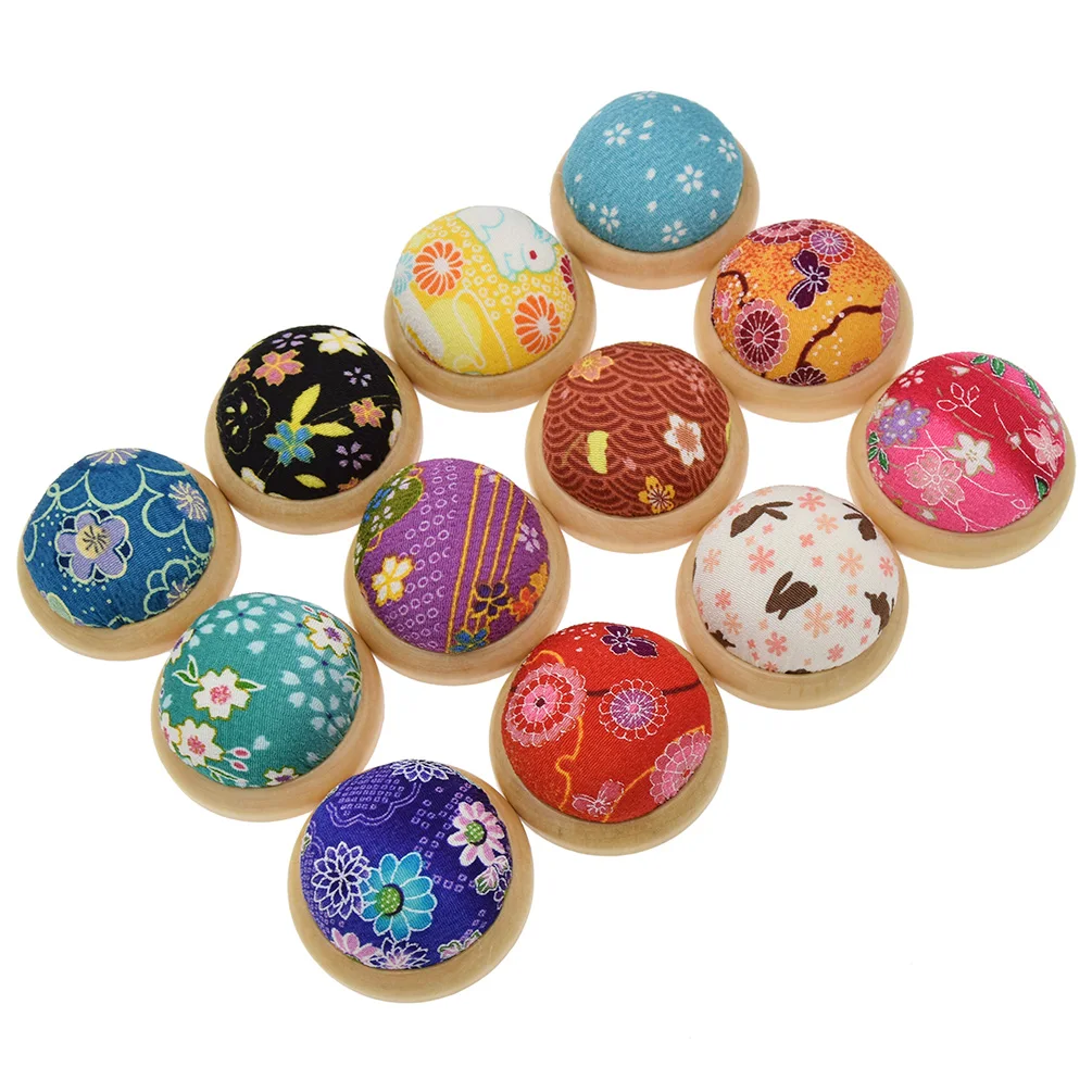 1PC Color Random Wooden Base Cloth Art Pin Cushion Holder Sewing Kit DIY Craft Sewing Pin Elastic Wrist Band Pincushions