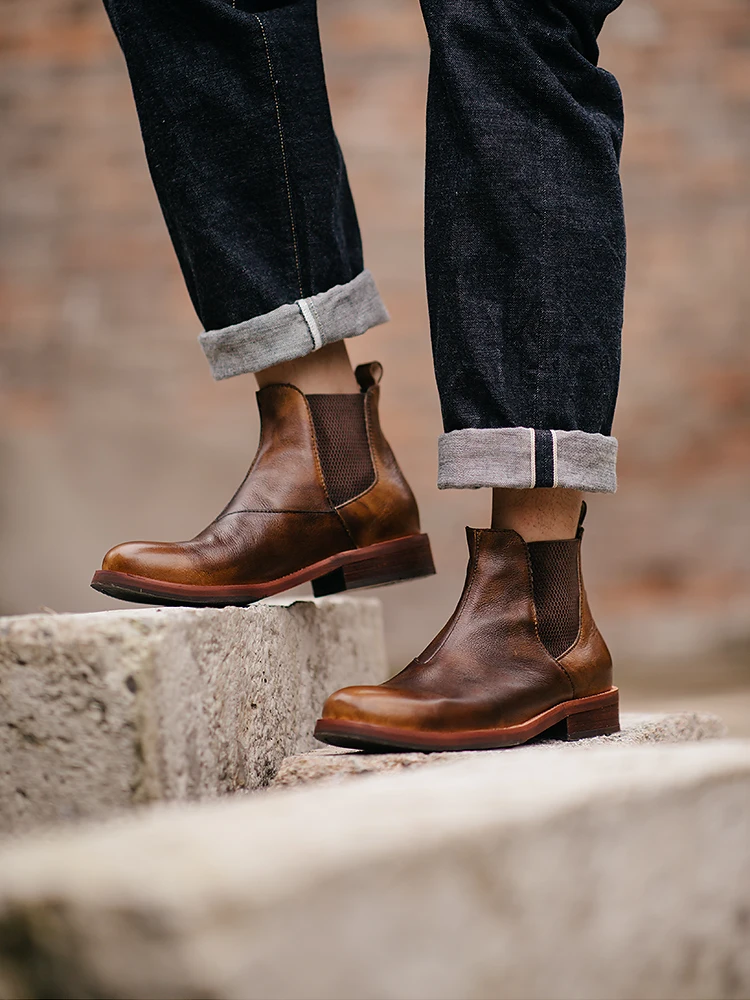 

High Quality Handmade Men Boots Cow Leather Ankle Chelsea Boots Motorcycle Boots Coffee