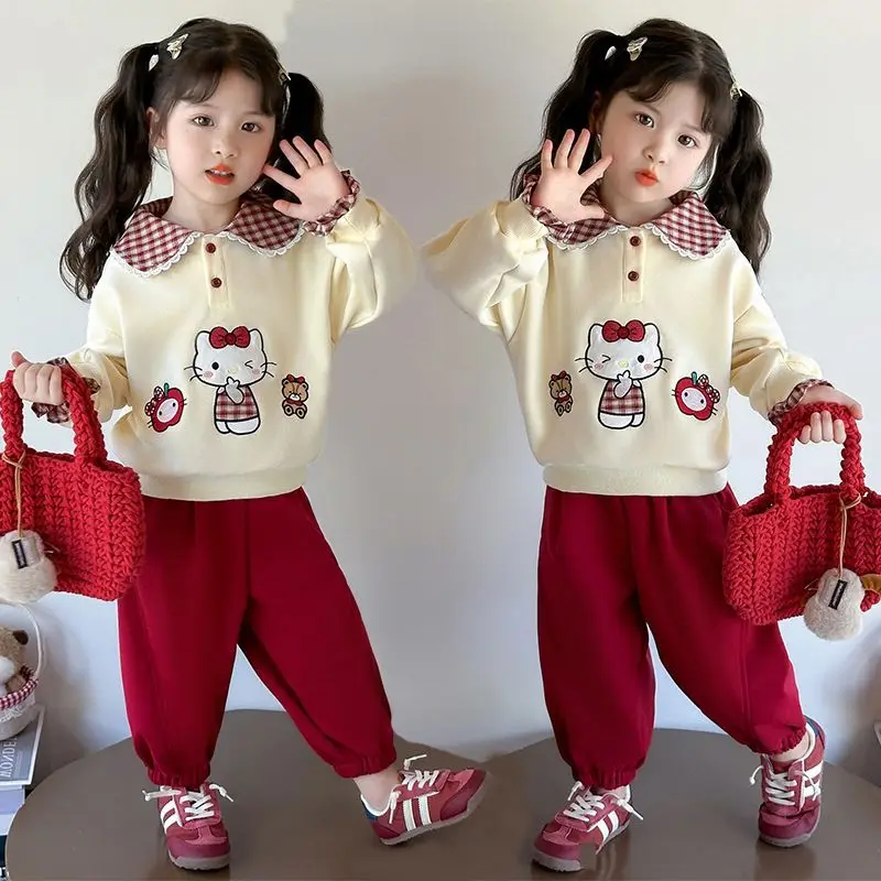 

Kawaii Hello Kitty Sanrio Students Cute Cartoon Long Sleeve Sportswear Children Comfortable Warm Hoodie Trousers Gift for Kids