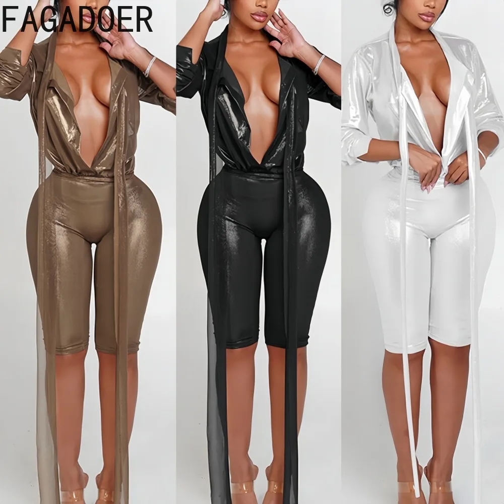 

FAGADOER Sexy Tassel Patchwork Two Piece Outfits Woman Solid Color Deep V-neck Crop Top + Shorts Suits Female Streetwear New