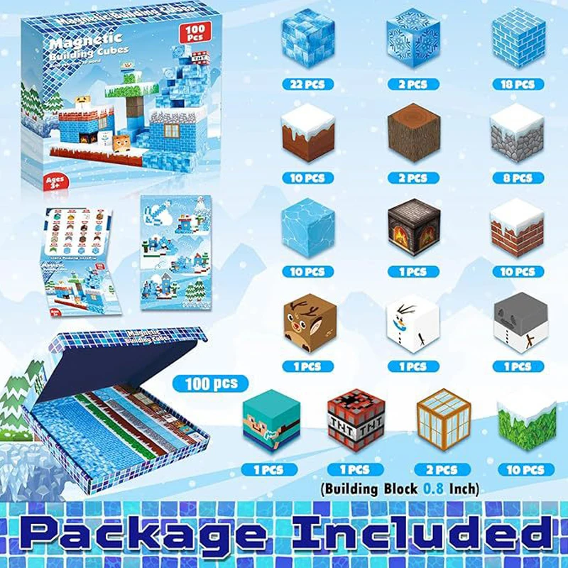 Cube magnétique du monde de glace et de neige pour la Construction, ensemble de Construction à empiler, jouets sensoriels éducatifs pour enfants garçons filles âgés de 3 ans et plus, bricolage